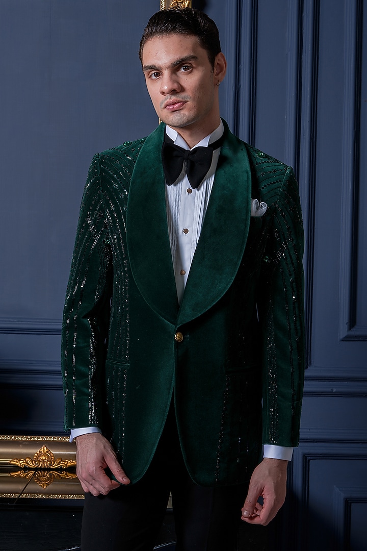 Emerald Green Velvet Bead Work Tuxedo Set by Amrit Dawani at Pernia's Pop Up Shop