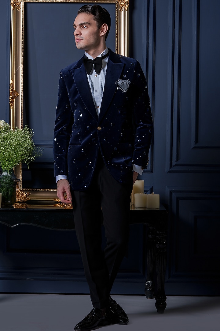 Royal Blue Velvet Embroidered Tuxedo Set by Amrit Dawani