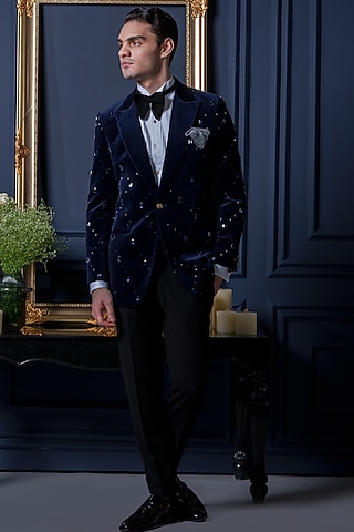 Royal Blue Velvet Embroidered Tuxedo Set by Amrit Dawani
