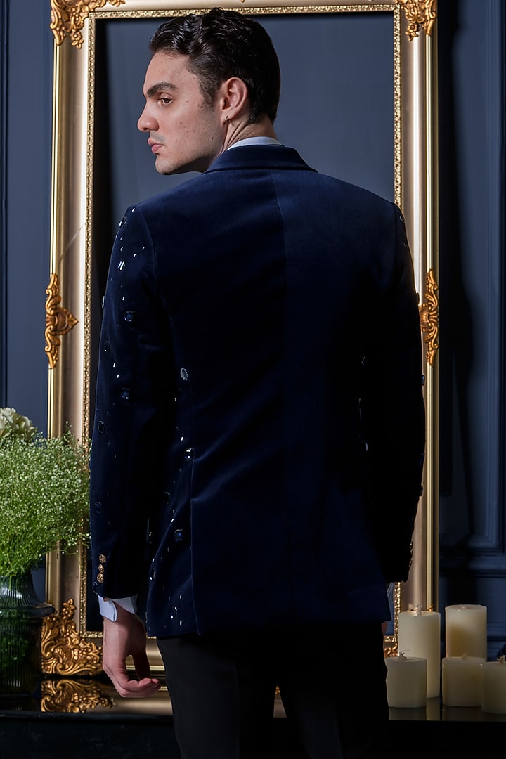 Royal Blue Velvet Embroidered Tuxedo Set by Amrit Dawani at Pernia's Pop Up Shop
