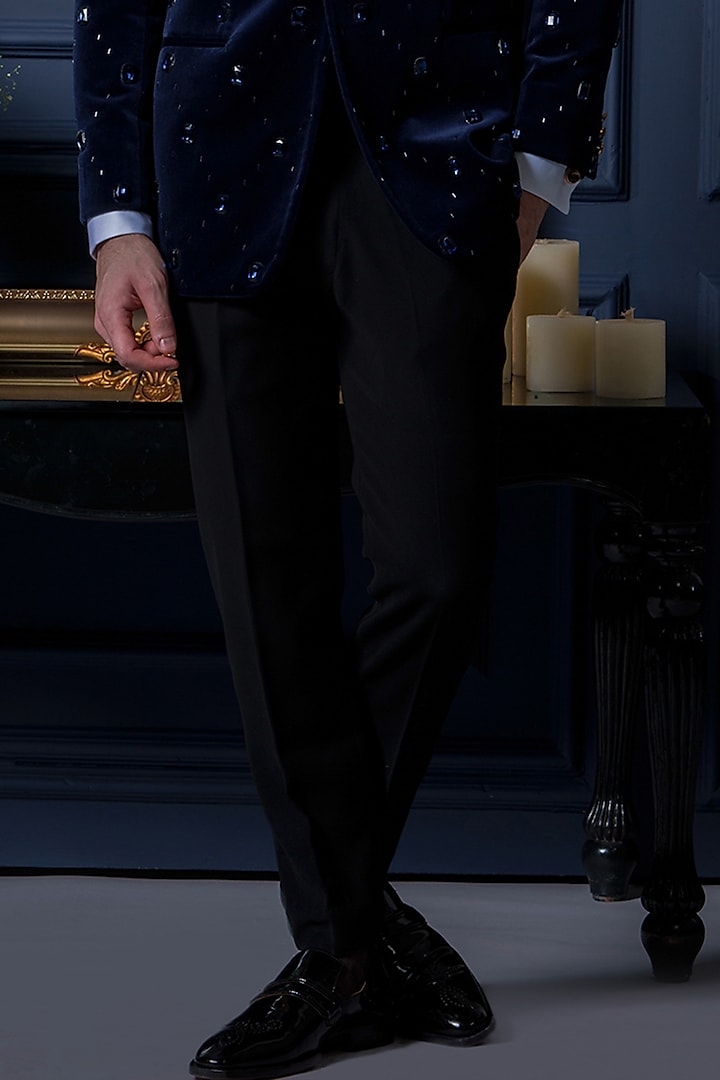 Royal Blue Velvet Embroidered Tuxedo Set by Amrit Dawani at Pernia's Pop Up Shop