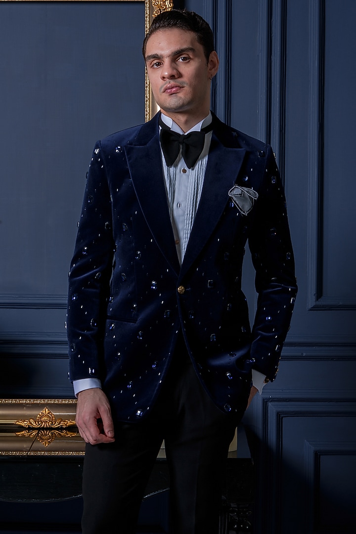 Royal Blue Velvet Embroidered Tuxedo Set by Amrit Dawani at Pernia's Pop Up Shop