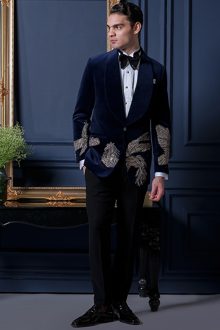 Unicorn Blue Velvet Bead Work Tuxedo Set by Amrit Dawani at Pernia's Pop Up Shop