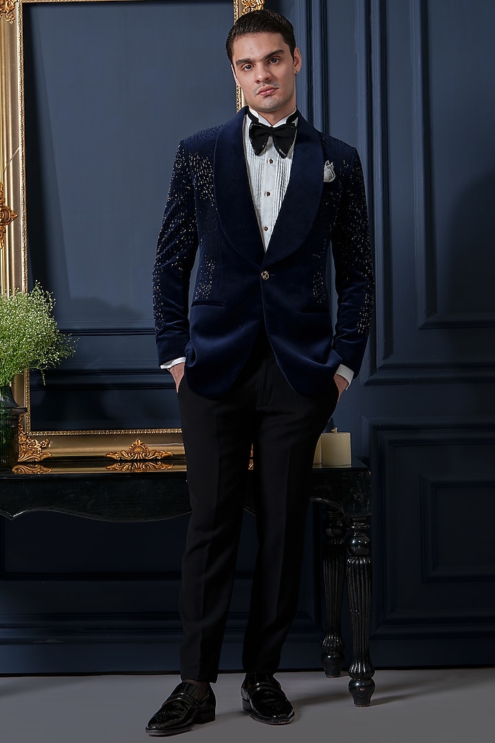 Blue Velvet Embroidered Tuxedo Set by Amrit Dawani