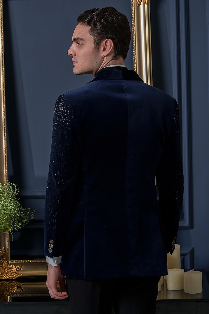 Blue Velvet Embroidered Tuxedo Set by Amrit Dawani at Pernia's Pop Up Shop