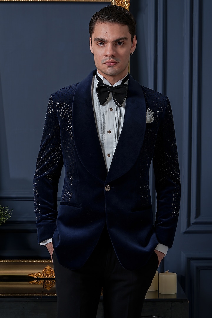 Blue Velvet Embroidered Tuxedo Set by Amrit Dawani at Pernia's Pop Up Shop