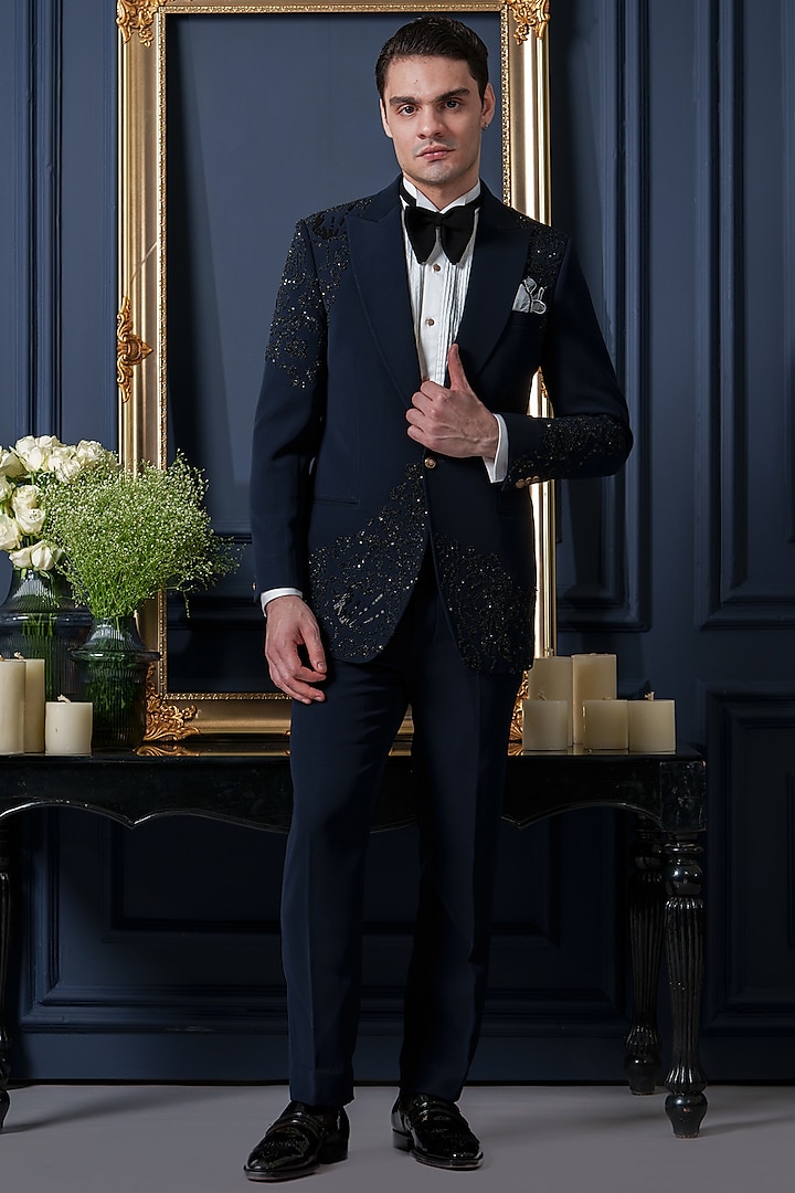 Blue Japanese Polyester Sequins Work Tuxedo Set by Amrit Dawani