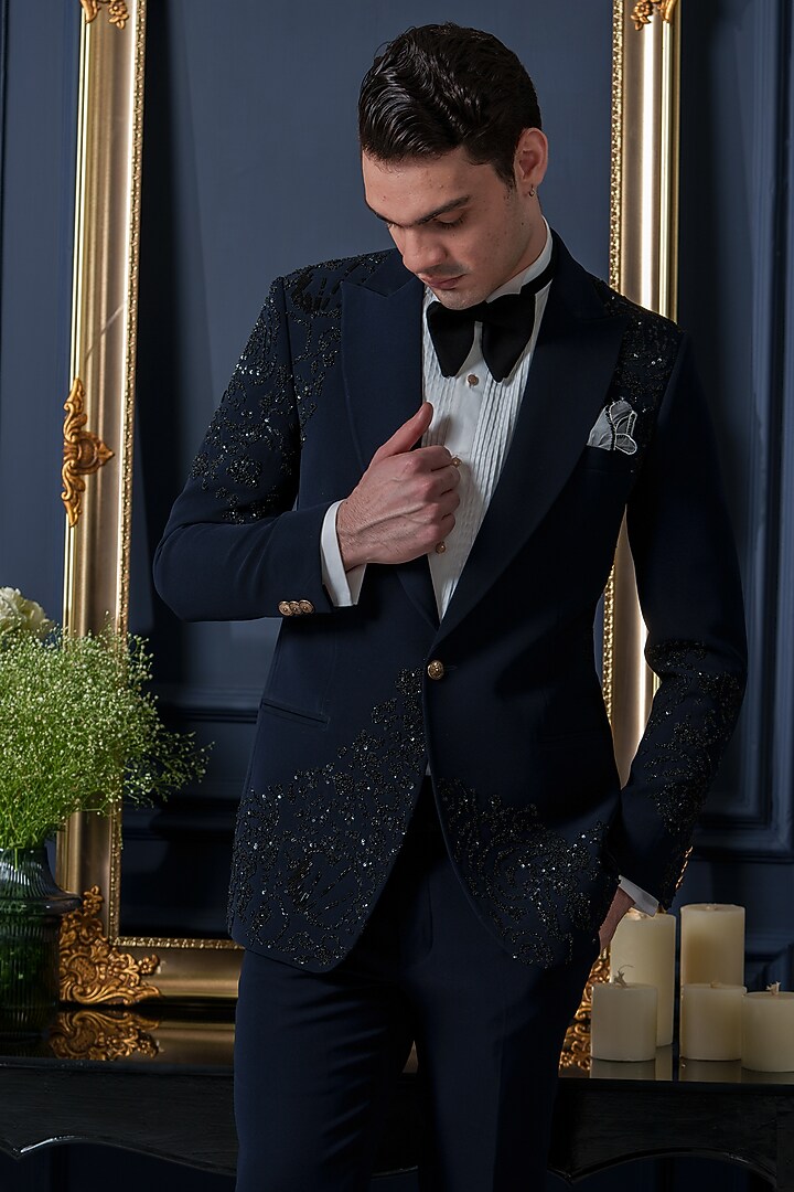 Blue Japanese Polyester Sequins Work Tuxedo Set by Amrit Dawani at Pernia's Pop Up Shop
