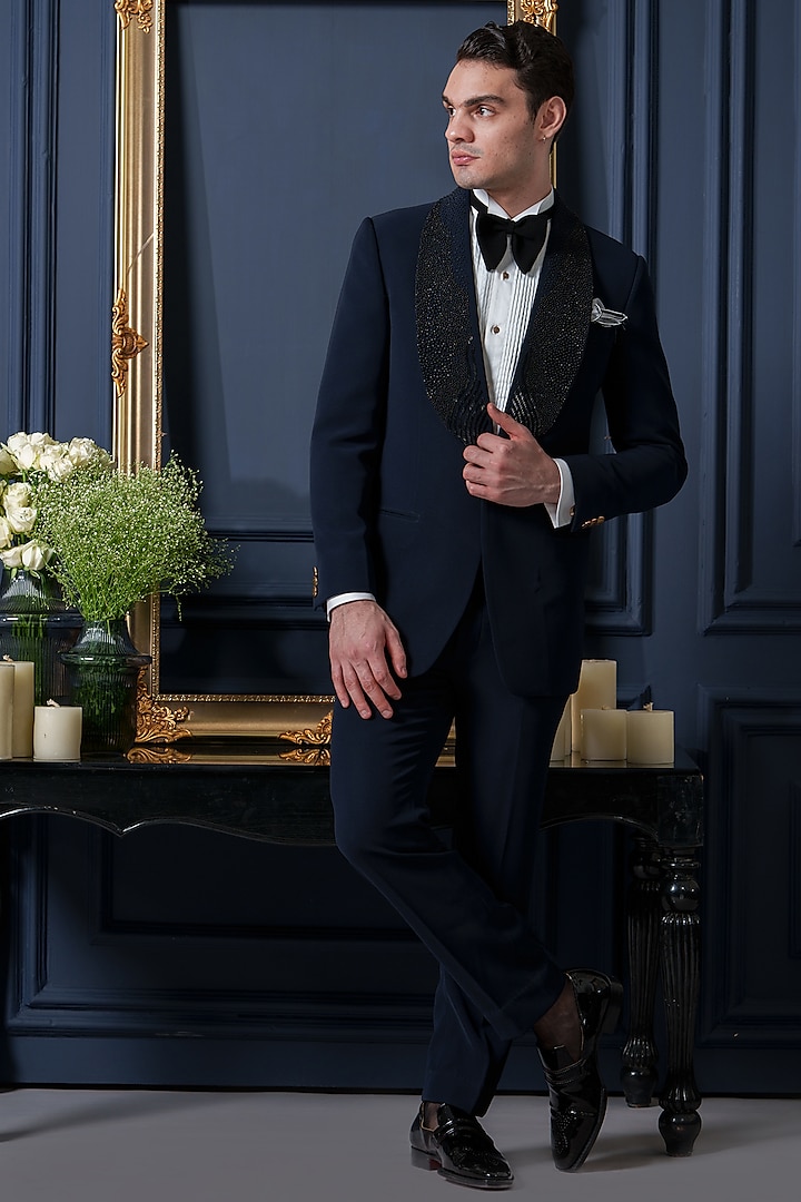 Blue Japanese Polyester Embroidered Tuxedo Set by Amrit Dawani