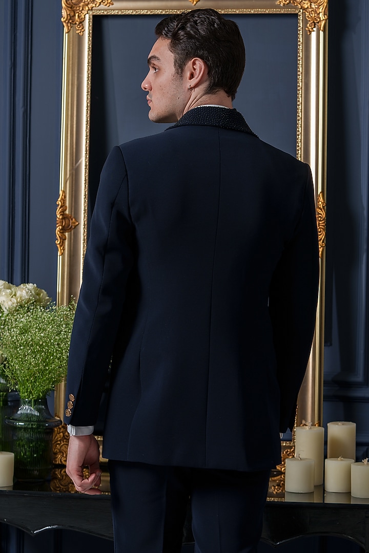 Blue Japanese Polyester Embroidered Tuxedo Set by Amrit Dawani at Pernia's Pop Up Shop