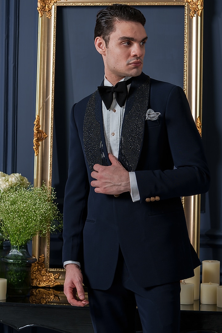Blue Japanese Polyester Embroidered Tuxedo Set by Amrit Dawani at Pernia's Pop Up Shop