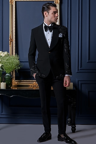 Black Japanese Polyester 3D Embroidered Tuxedo Set by Amrit Dawani