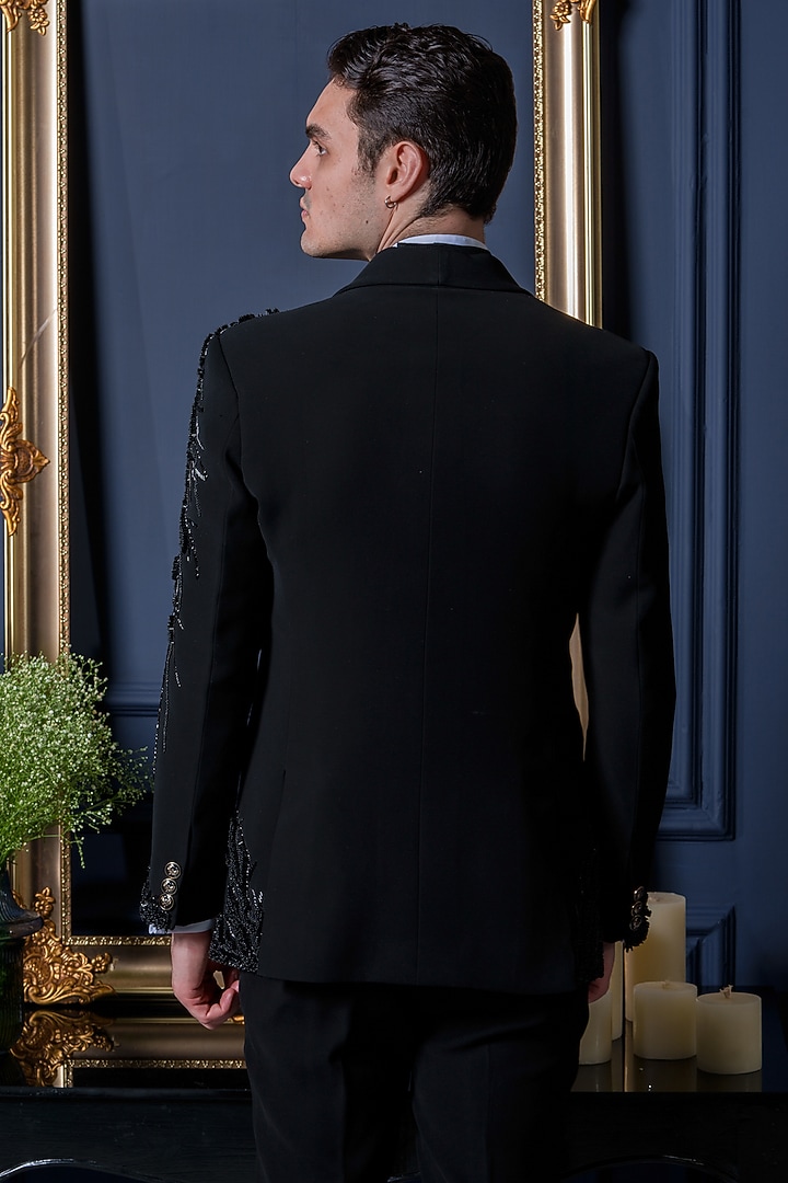Black Japanese Polyester 3D Embroidered Tuxedo Set by Amrit Dawani at Pernia's Pop Up Shop