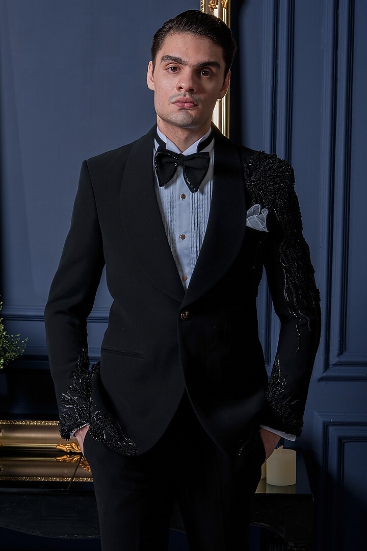 Black Japanese Polyester 3D Embroidered Tuxedo Set by Amrit Dawani at Pernia's Pop Up Shop