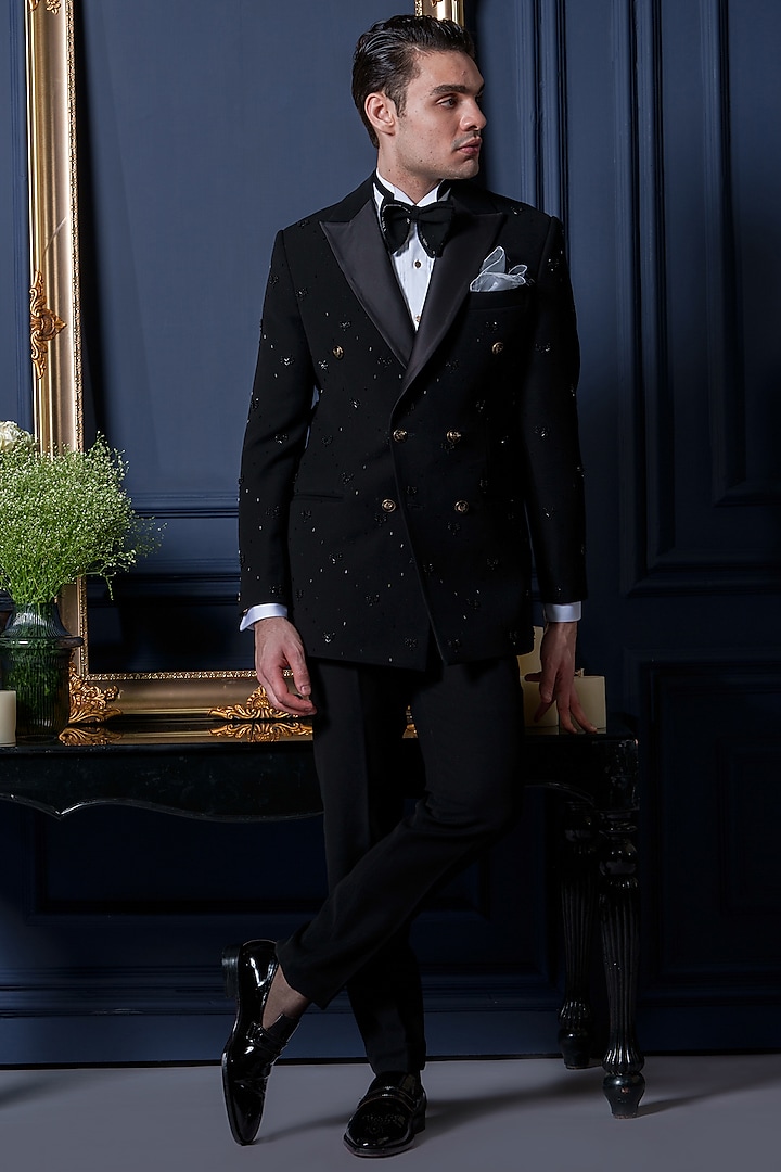 Black Japanese Polyester 3D Embroidered Tuxedo Set by Amrit Dawani at Pernia's Pop Up Shop