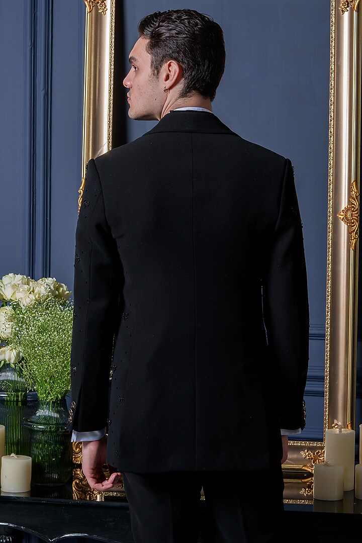 Black Japanese Polyester 3D Embroidered Tuxedo Set by Amrit Dawani at Pernia's Pop Up Shop