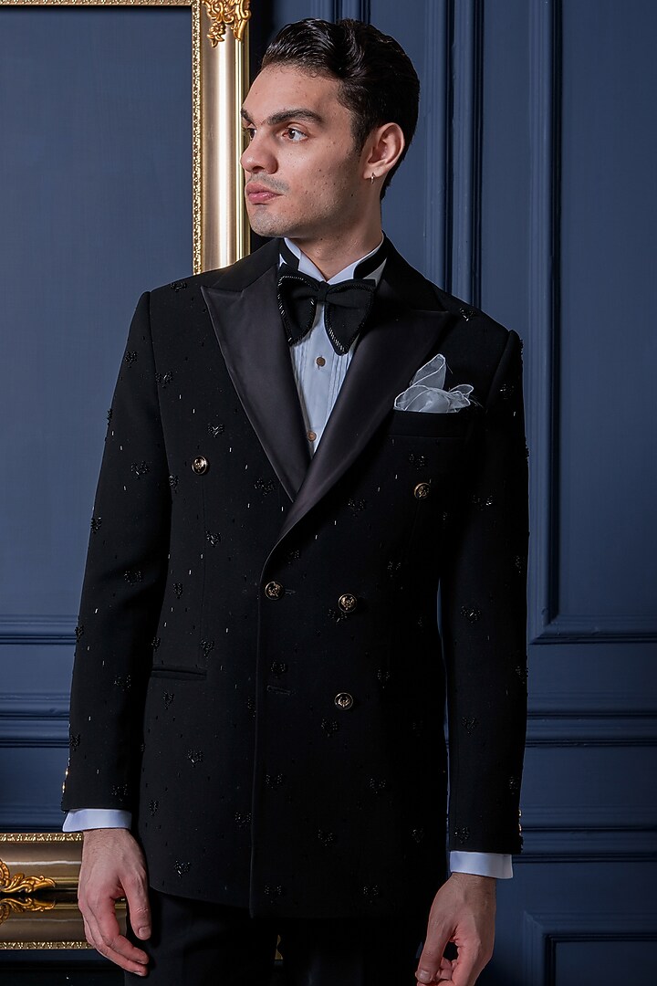 Black Japanese Polyester 3D Embroidered Tuxedo Set by Amrit Dawani at Pernia's Pop Up Shop