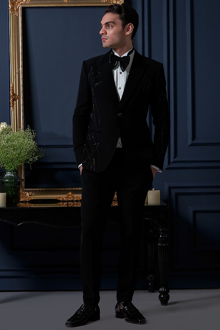 Black Japanese Polyester Embroidered Tuxedo Set by Amrit Dawani at Pernia's Pop Up Shop