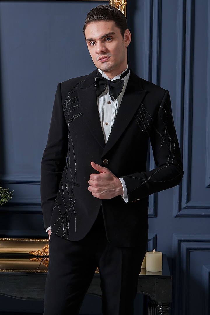 Black Japanese Polyester Embroidered Tuxedo Set by Amrit Dawani at