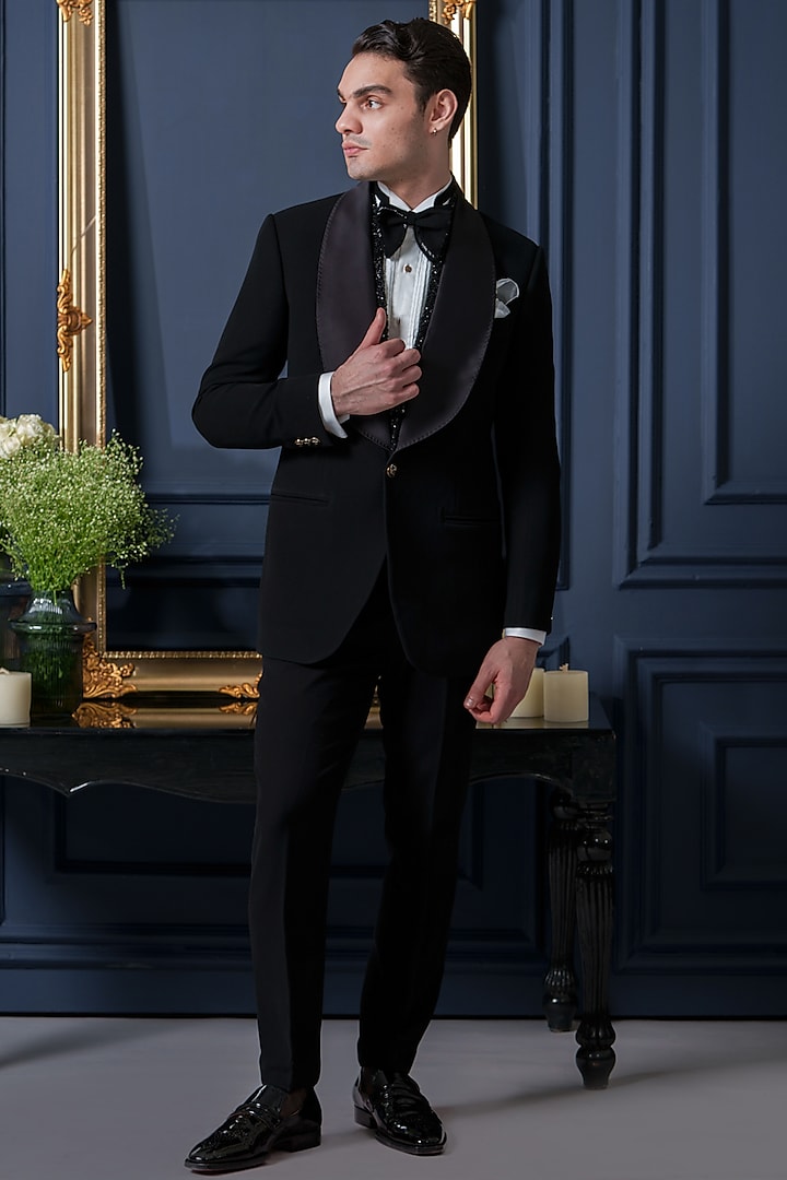 Black Japanese Polyester Sequins Work Tuxedo Set by Amrit Dawani