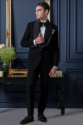 Black Japanese Polyester Sequins Work Tuxedo Set by Amrit Dawani