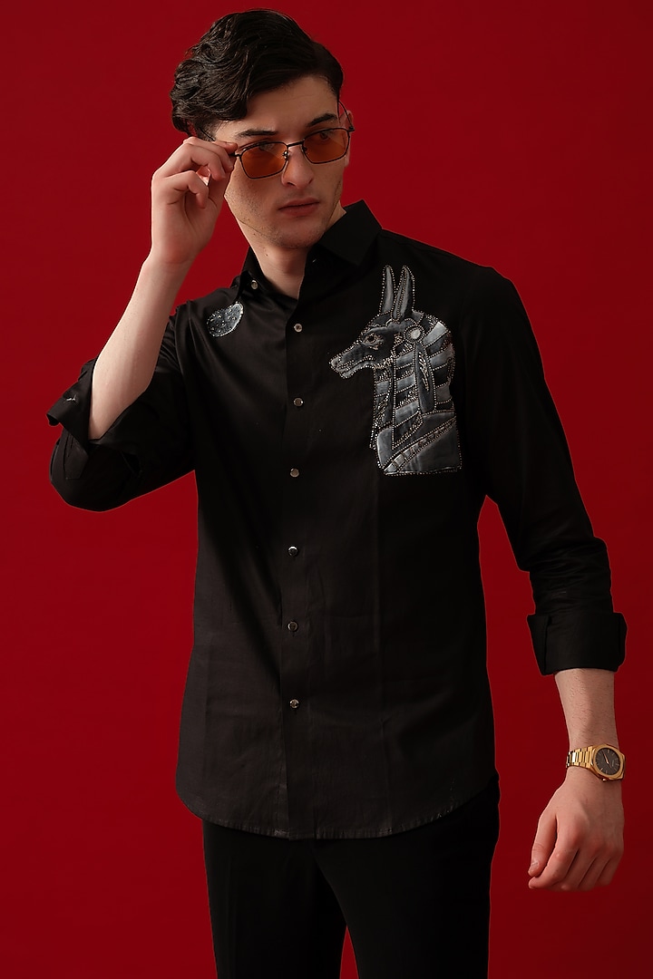 Black Cotton Embroidered & Hand Painted Shirt by Amrit Dawani