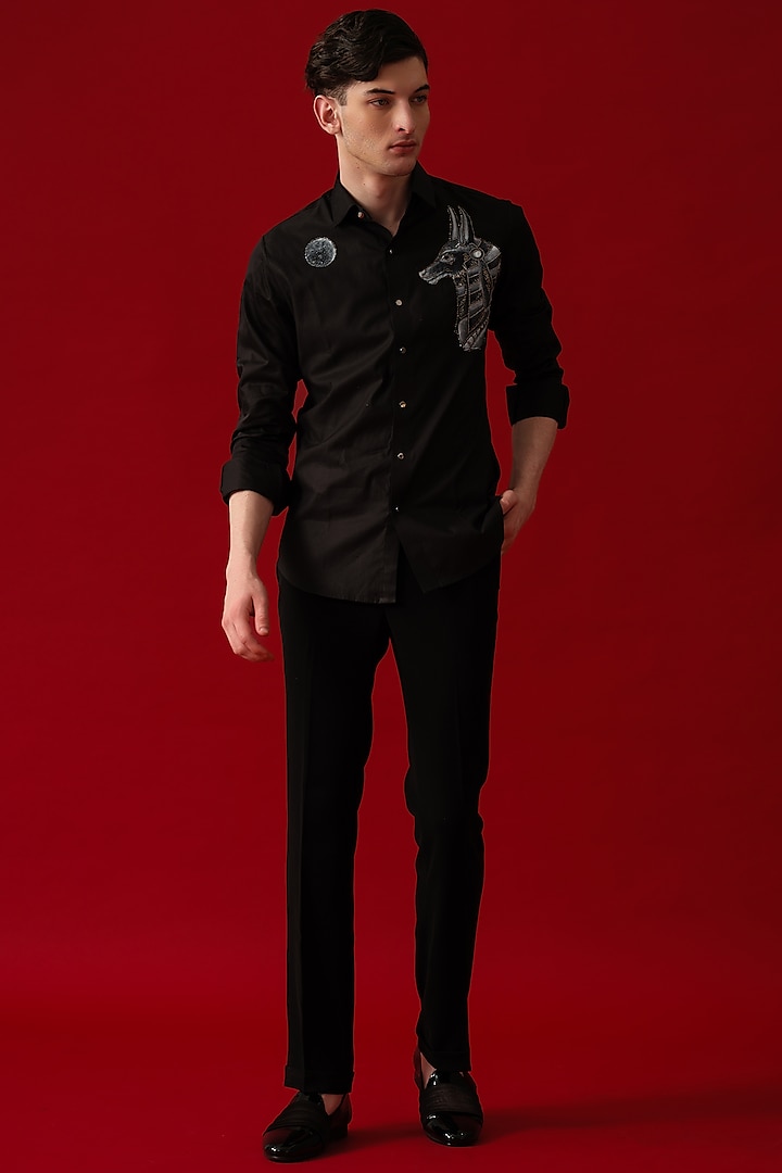 Black Cotton Embroidered & Hand Painted Party Wear Shirt by Amrit Dawani at Pernia's Pop Up Shop