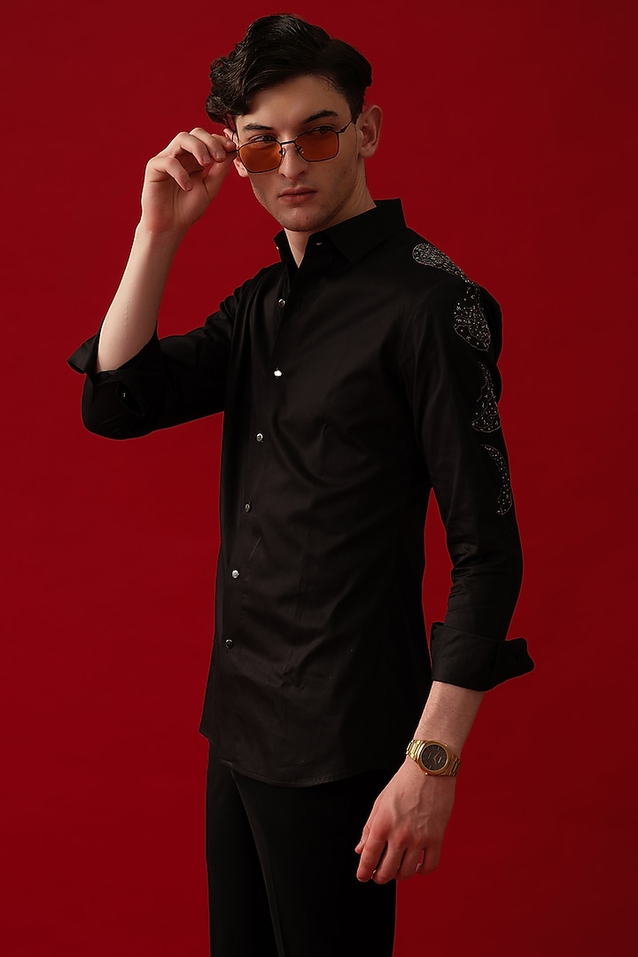 Black Cotton Embroidered & Moon Hand Painted Shirt by Amrit Dawani