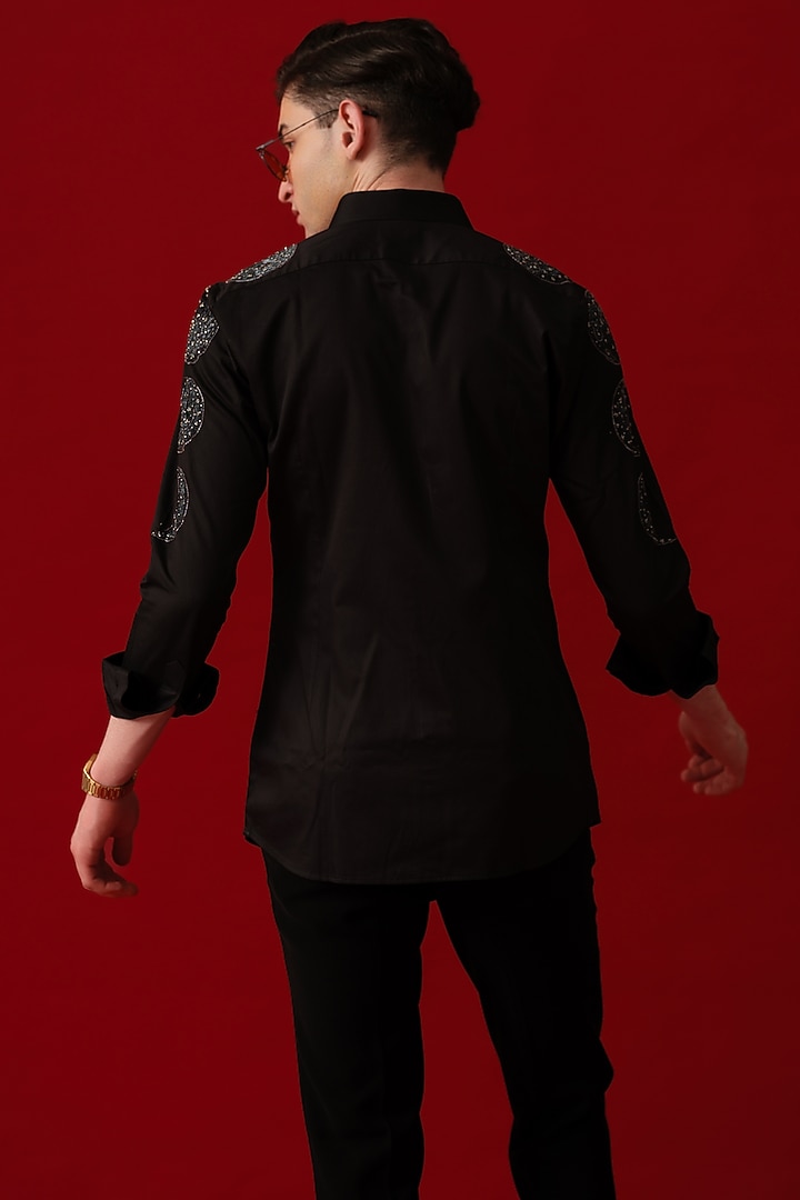 Black Cotton Embroidered & Moon Hand Painted Party Wear Shirt by Amrit Dawani at Pernia's Pop Up Shop