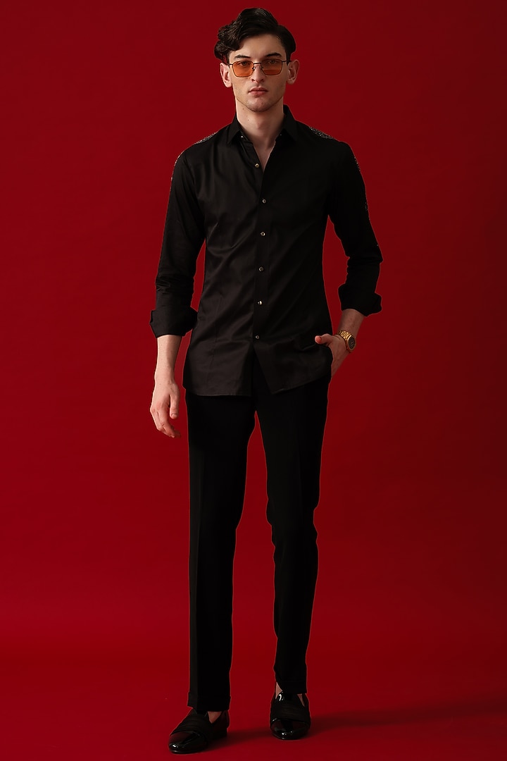 Black Cotton Embroidered & Moon Hand Painted Party Wear Shirt by Amrit Dawani at Pernia's Pop Up Shop