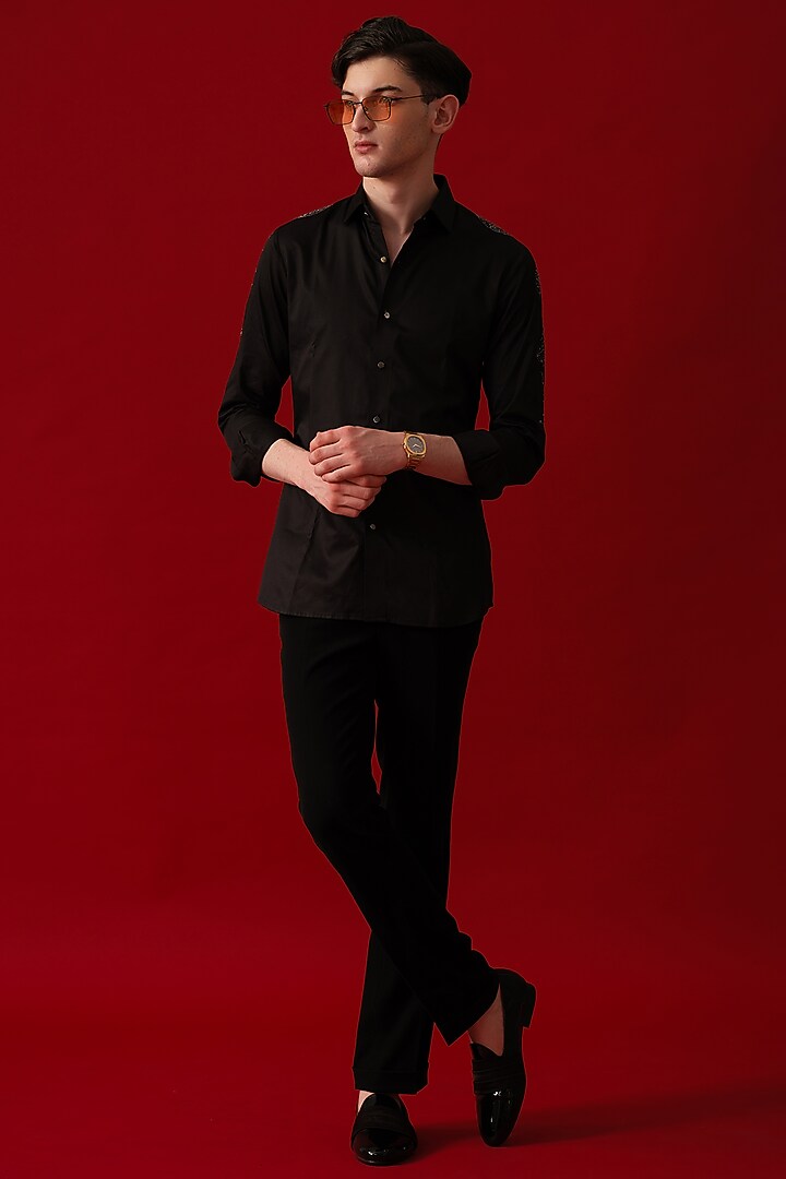 Black Cotton Embroidered & Moon Hand Painted Party Wear Shirt by Amrit Dawani at Pernia's Pop Up Shop