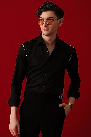 Black Cotton Embellished Shirt by Amrit Dawani