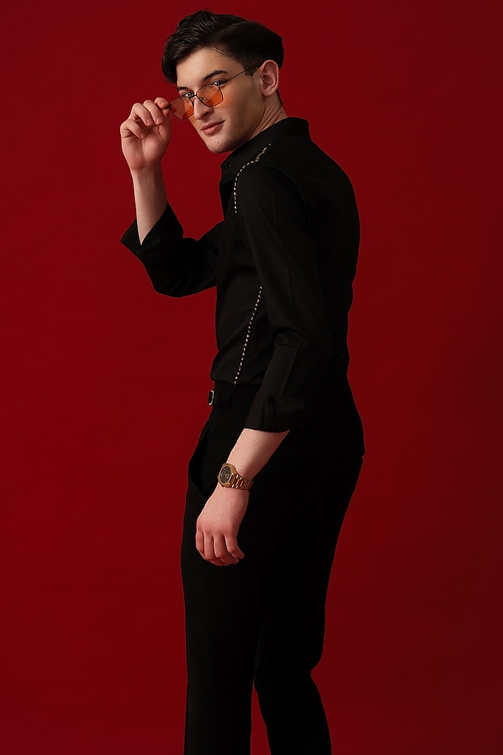 Black Cotton Embellished Party Wear Shirt by Amrit Dawani at Pernia's Pop Up Shop