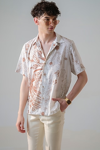 White Satin Georgette Printed Shirt by Amrit Dawani