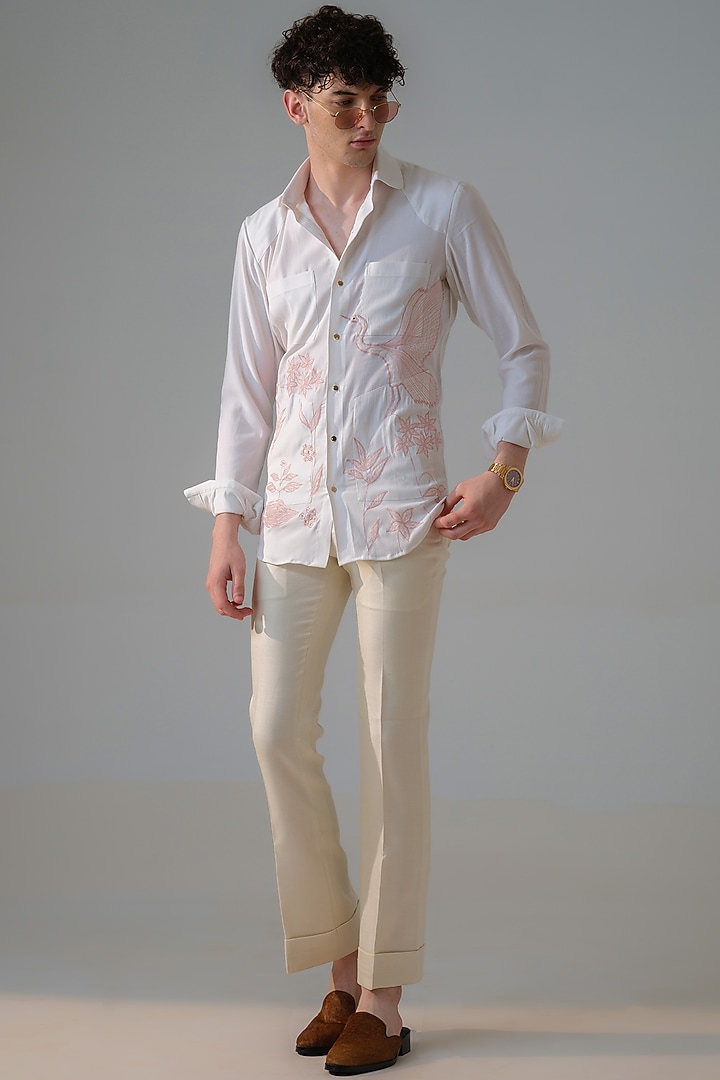 White Cotton Embroidered Party Wear Shirt by Amrit Dawani at Pernia's Pop Up Shop