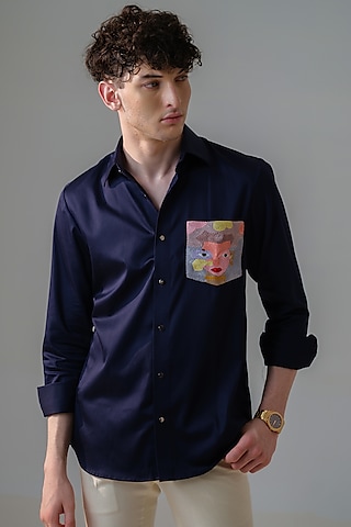 Dark Blue Cotton Embroidered Shirt by Amrit Dawani