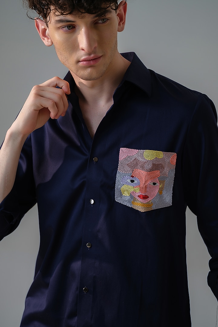 Dark Blue Cotton Embroidered Party Wear Shirt by Amrit Dawani at Pernia's Pop Up Shop