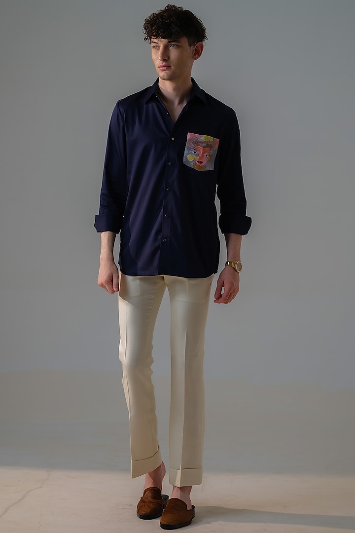 Dark Blue Cotton Embroidered Party Wear Shirt by Amrit Dawani at Pernia's Pop Up Shop