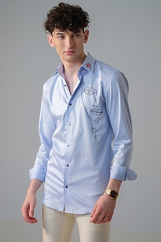 Blue Cotton Abstract Face Embroidered Shirt by Amrit Dawani