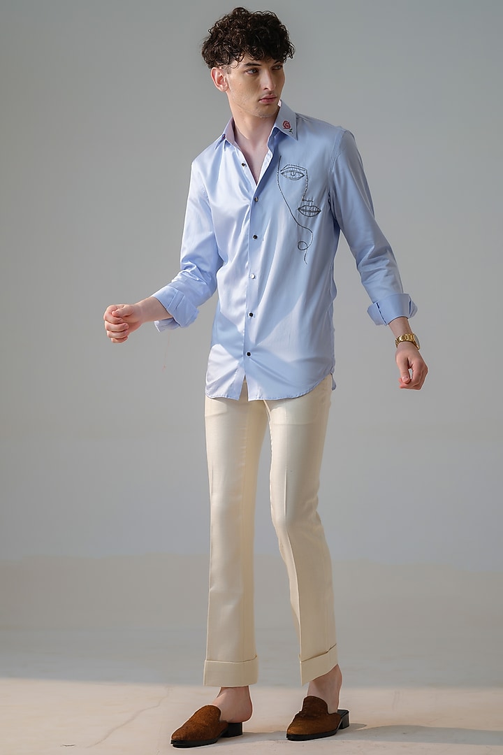 Blue Cotton Abstract Face Embroidered Party Wear Shirt by Amrit Dawani at Pernia's Pop Up Shop
