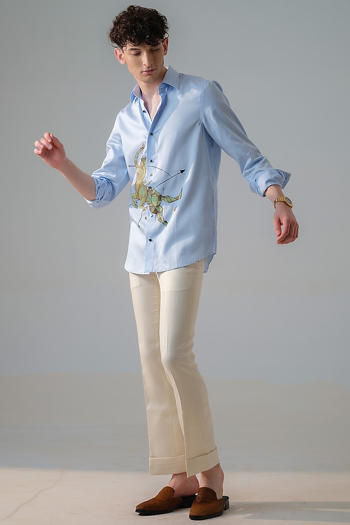 Blue Cotton Hand Painted Party Wear Shirt by Amrit Dawani at Pernia's Pop Up Shop
