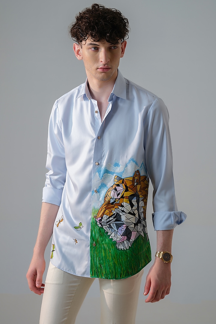 Blue Cotton Hand Painted Shirt by Amrit Dawani