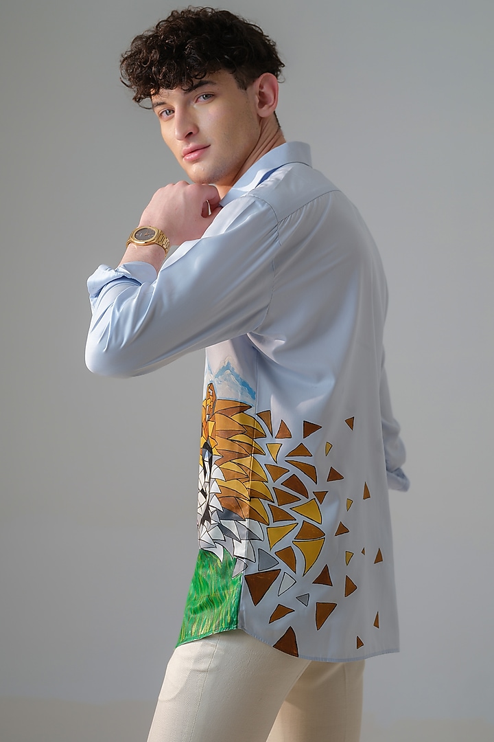 Blue Cotton Hand Painted Party Wear Shirt by Amrit Dawani at Pernia's Pop Up Shop