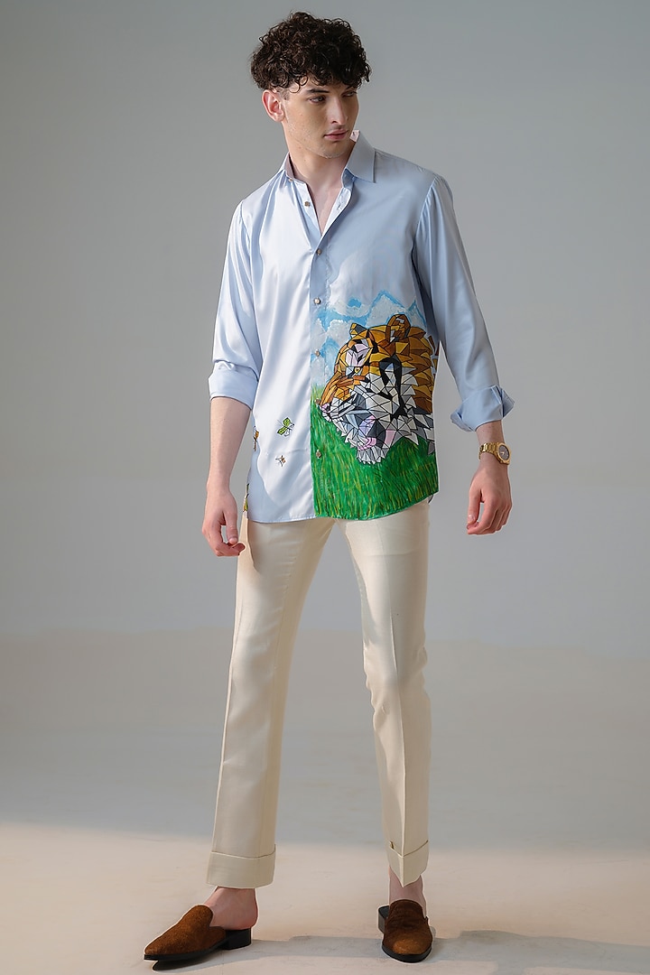 Blue Cotton Hand Painted Party Wear Shirt by Amrit Dawani at Pernia's Pop Up Shop