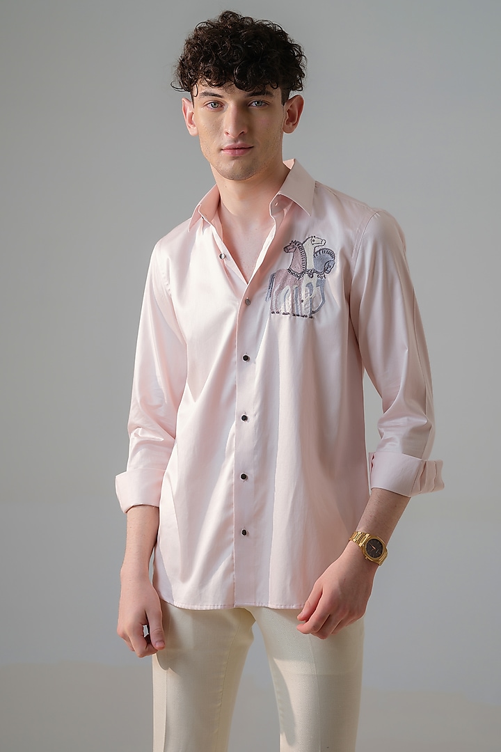 Pink Cotton Motif Embroidered Shirt by Amrit Dawani