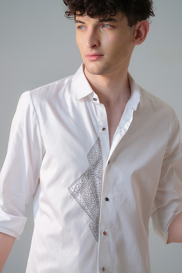 White Cotton Embroidered Party Wear Shirt by Amrit Dawani at Pernia's Pop Up Shop