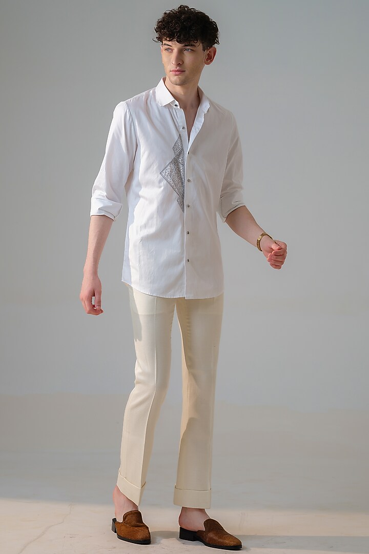 White Cotton Embroidered Party Wear Shirt by Amrit Dawani at Pernia's Pop Up Shop