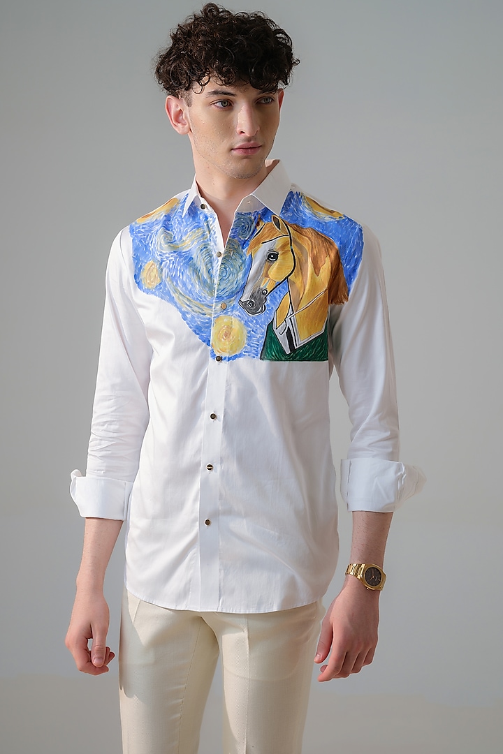 White Cotton Horse Hand Painted Shirt by Amrit Dawani