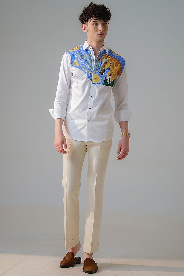 White Cotton Horse Hand Painted Party Wear Shirt by Amrit Dawani at Pernia's Pop Up Shop