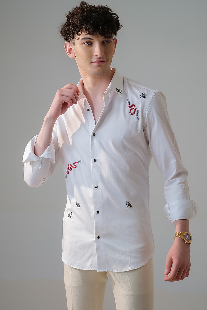 White Cotton Hand Embroidered Party Wear Shirt by Amrit Dawani at Pernia's Pop Up Shop